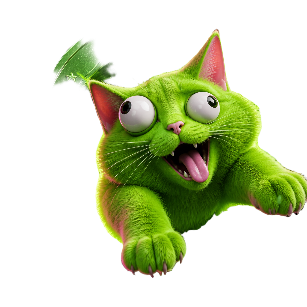 Derpy green RAW MEME cat popping out of a Robinhood Chain coin